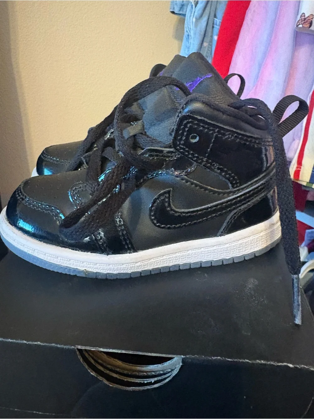 Nike Kids Black Patent Leather High-Top Sneakers with Purple Logo